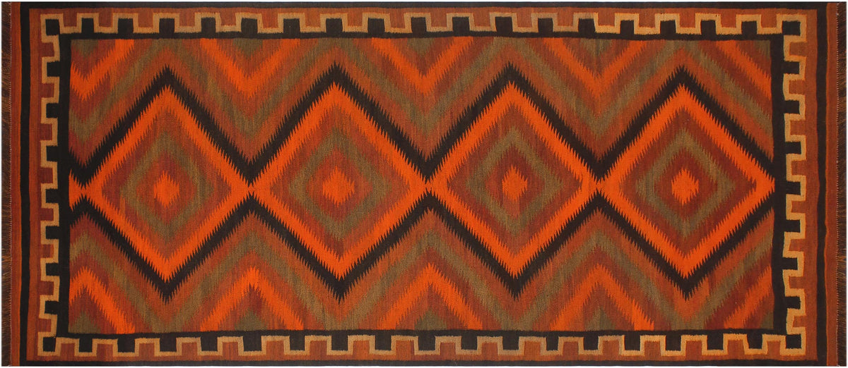 handmade Geometric Kilim Rust Brown Hand-Woven RUNNER 100% WOOL area rug 5' x 10'