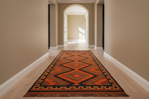 handmade Geometric Kilim Rust Brown Hand-Woven RUNNER 100% WOOL area rug 5' x 10'
