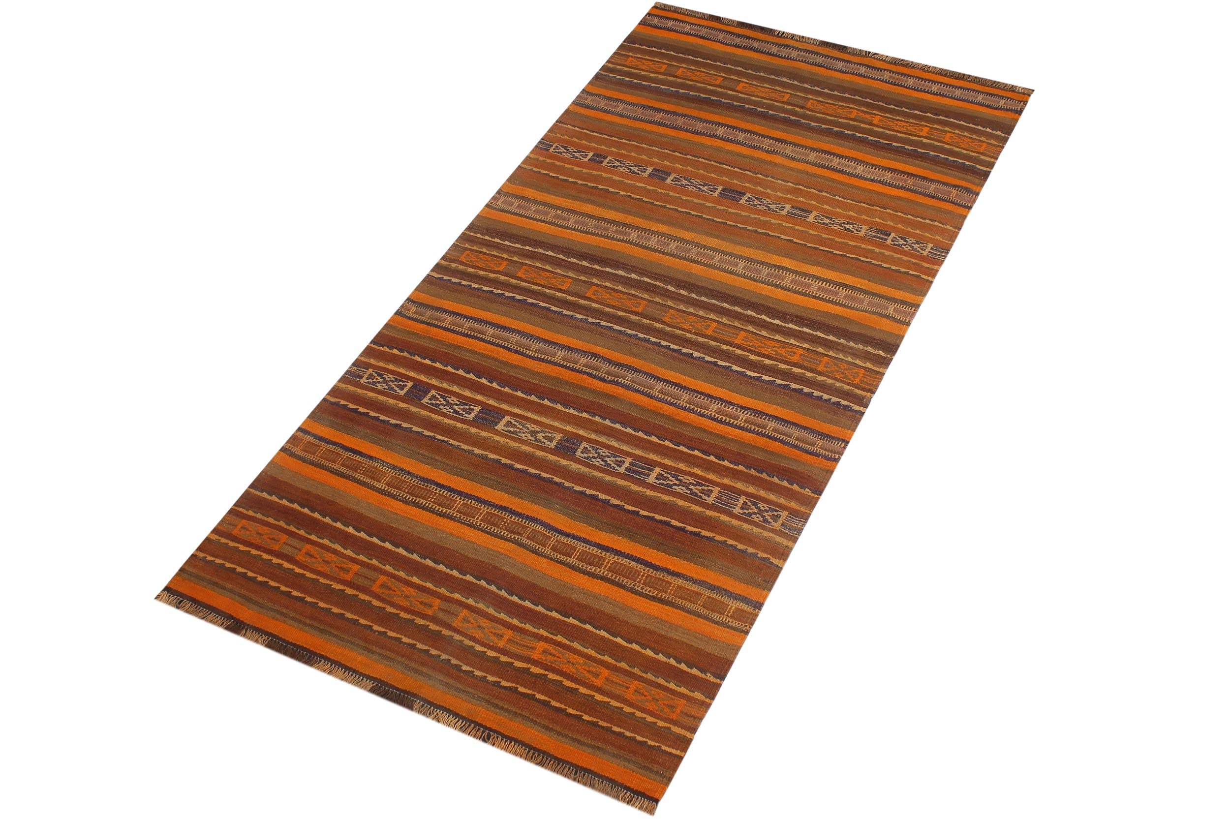 handmade Geometric Kilim Orange Brown Hand-Woven RUNNER 100% WOOL area rug 4' x 9'