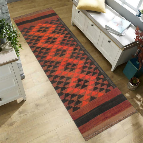 handmade Geometric Kilim Red Orange Hand-Woven RUNNER 100% WOOL area rug 4' x 10'