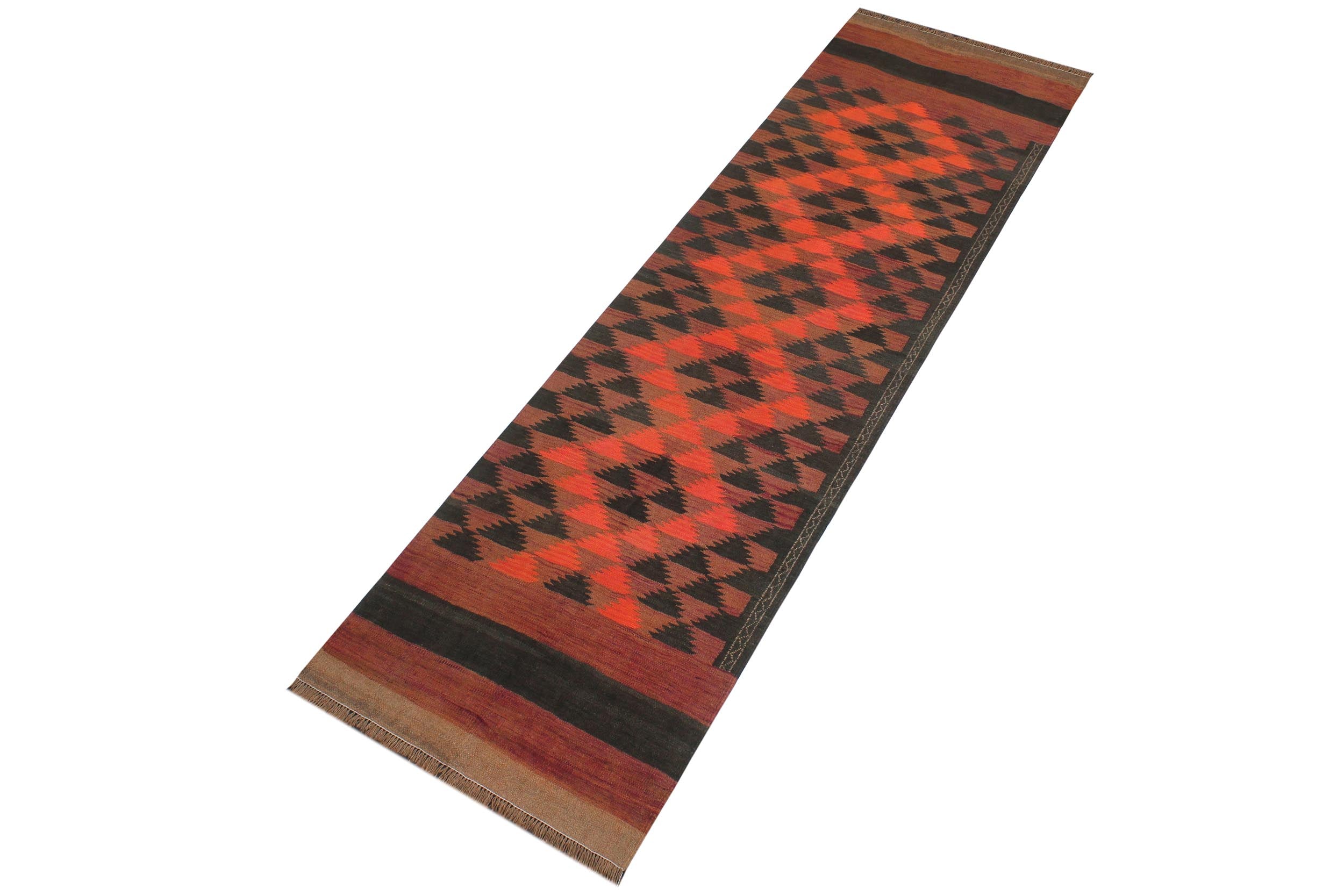 handmade Geometric Kilim Red Orange Hand-Woven RUNNER 100% WOOL area rug 4' x 10'