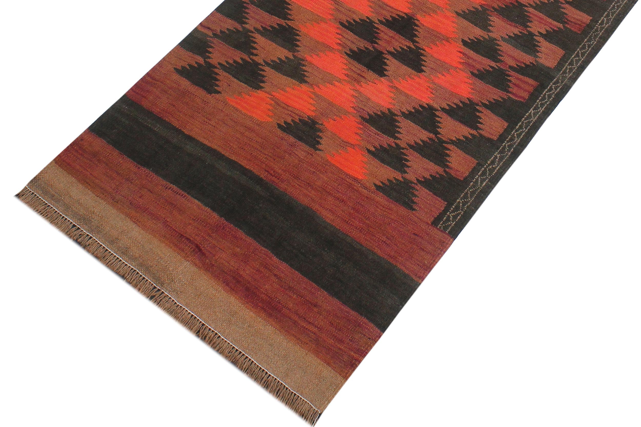 handmade Geometric Kilim Red Orange Hand-Woven RUNNER 100% WOOL area rug 4' x 10'