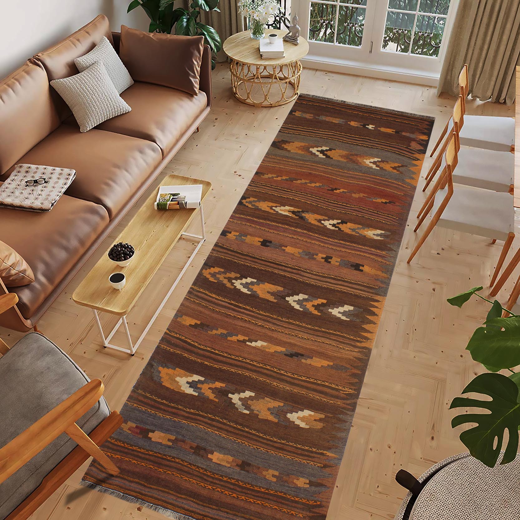 handmade Geometric Kilim Brown Beige Hand-Woven RUNNER 100% WOOL area rug 4' x 9'