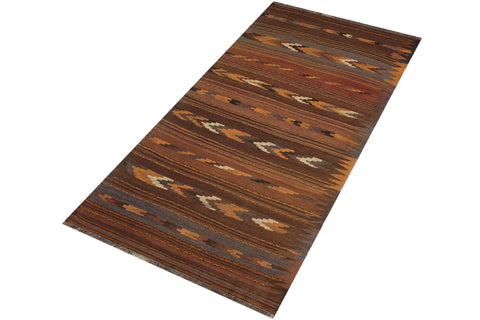 handmade Geometric Kilim Brown Beige Hand-Woven RUNNER 100% WOOL area rug 4' x 9'