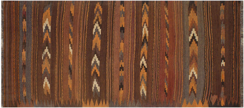 handmade Geometric Kilim Brown Beige Hand-Woven RUNNER 100% WOOL area rug 4' x 9'