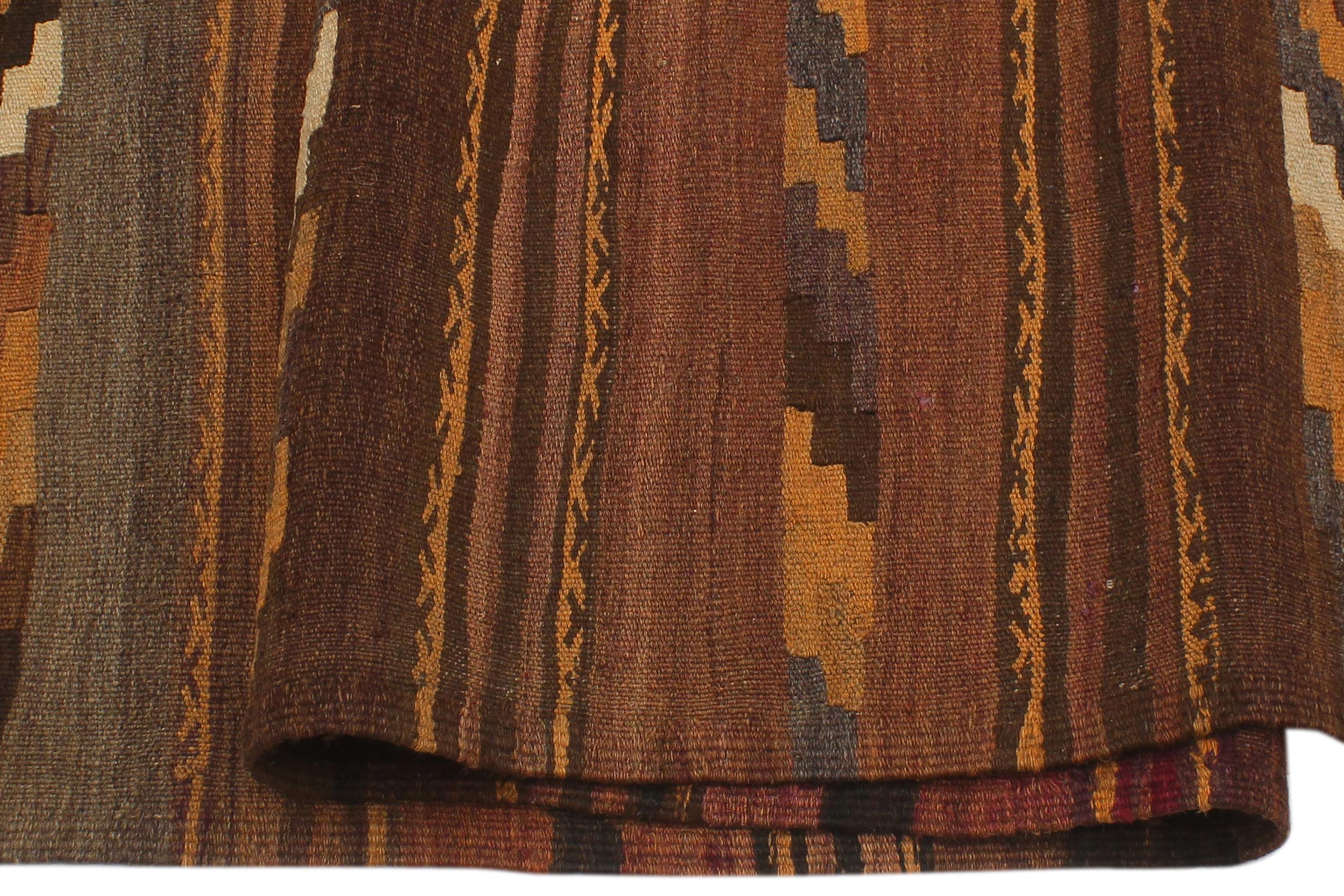 handmade Geometric Kilim Brown Beige Hand-Woven RUNNER 100% WOOL area rug 4' x 9'