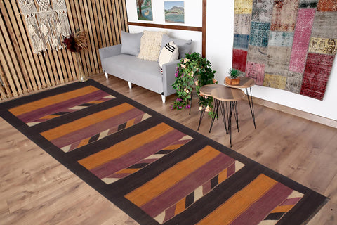 handmade Geometric Kilim Orange Brown Hand-Woven RUNNER 100% WOOL area rug 5' x 10'