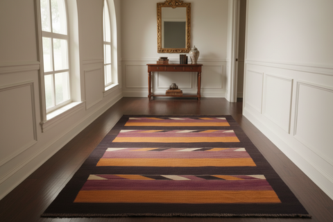 handmade Geometric Kilim Orange Brown Hand-Woven RUNNER 100% WOOL area rug 5' x 10'