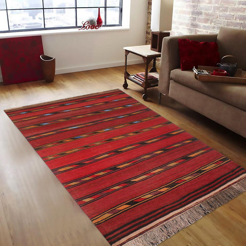 handmade Geometric Kilim Red Blue Hand-Woven RECTANGLE 100% WOOL area rug 4' x 7'