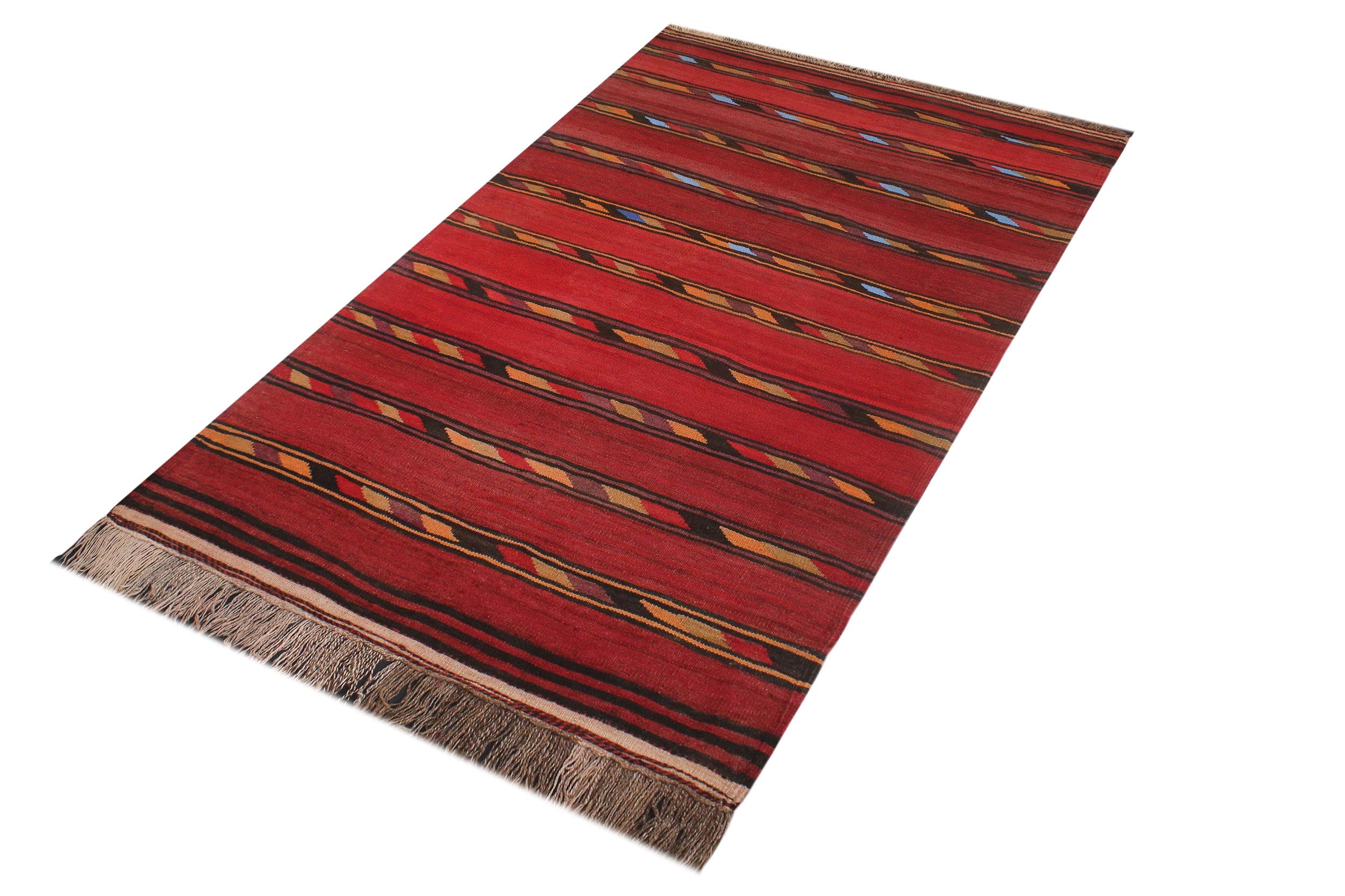 handmade Geometric Kilim Red Blue Hand-Woven RECTANGLE 100% WOOL area rug 4' x 7'