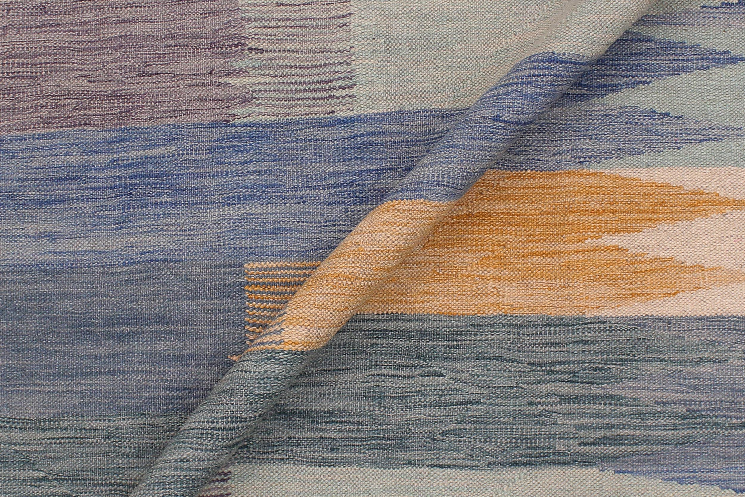 handmade Modern Kilim Blue Beige Hand-Woven RECTANGLE 100% WOOL area rug 9x12