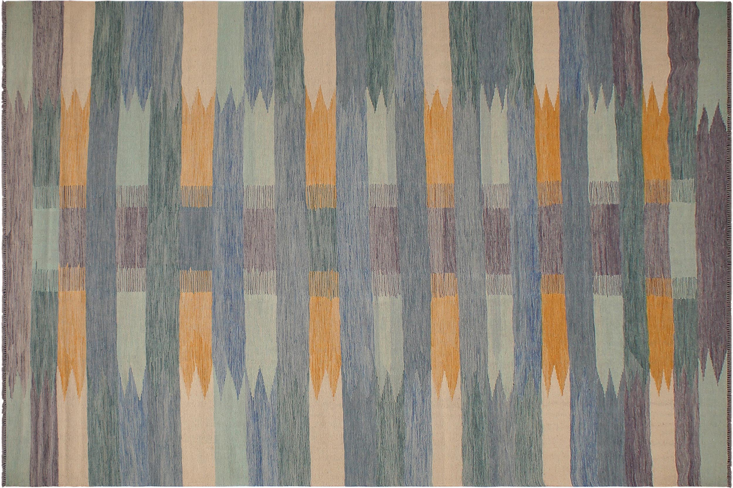 handmade Modern Kilim Blue Beige Hand-Woven RECTANGLE 100% WOOL area rug 9x12