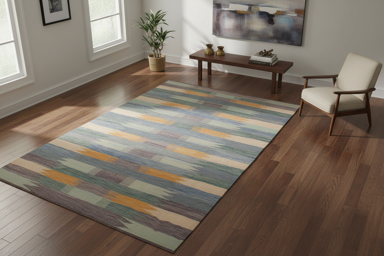 handmade Modern Kilim Blue Beige Hand-Woven RECTANGLE 100% WOOL area rug 9x12