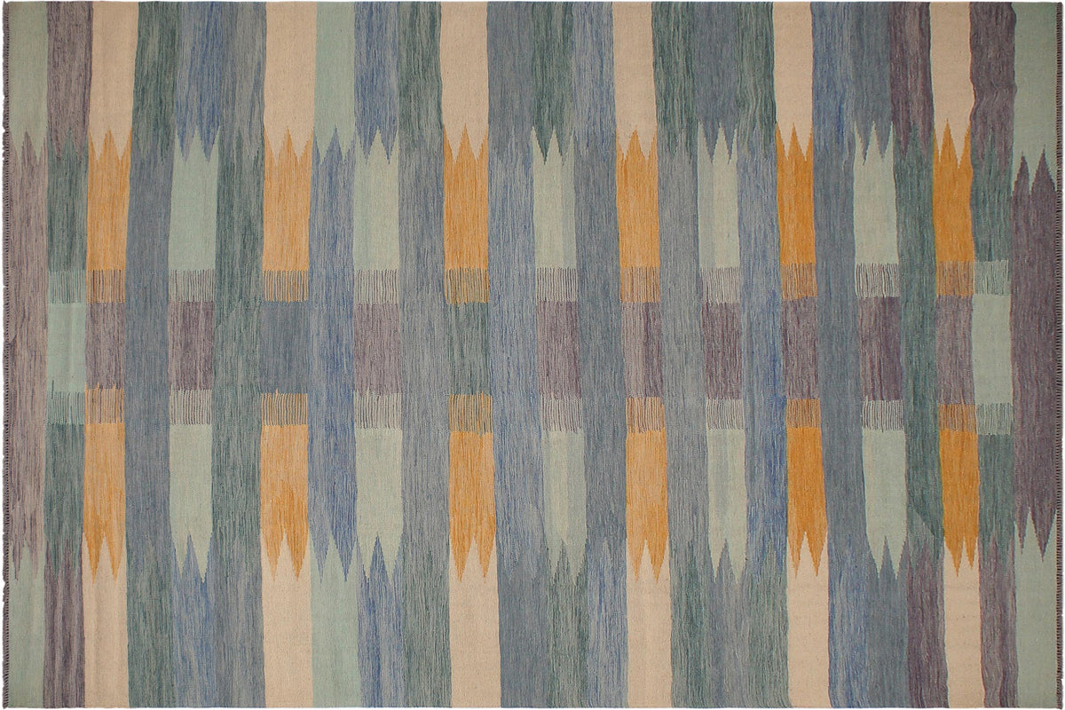 handmade Modern Kilim Blue Beige Hand-Woven RECTANGLE 100% WOOL area rug 9x12