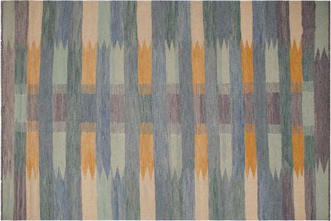 handmade Modern Kilim Blue Beige Hand-Woven RECTANGLE 100% WOOL area rug 9x12