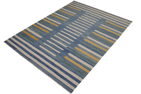 handmade Modern Kilim Blue Beige Hand-Woven RECTANGLE 100% WOOL area rug 9x12
