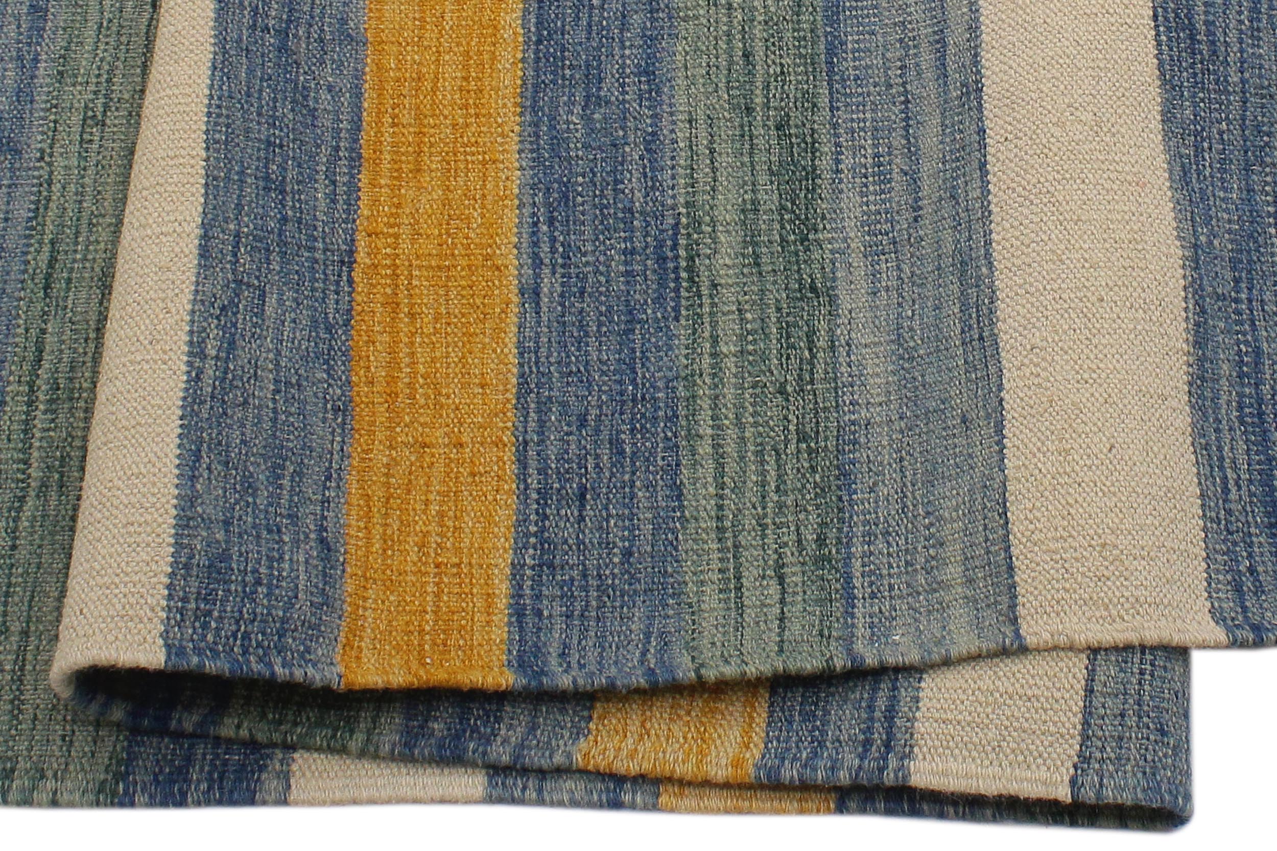 handmade Modern Kilim Blue Beige Hand-Woven RECTANGLE 100% WOOL area rug 9x12