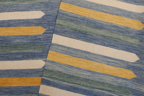 handmade Modern Kilim Blue Beige Hand-Woven RECTANGLE 100% WOOL area rug 9x12