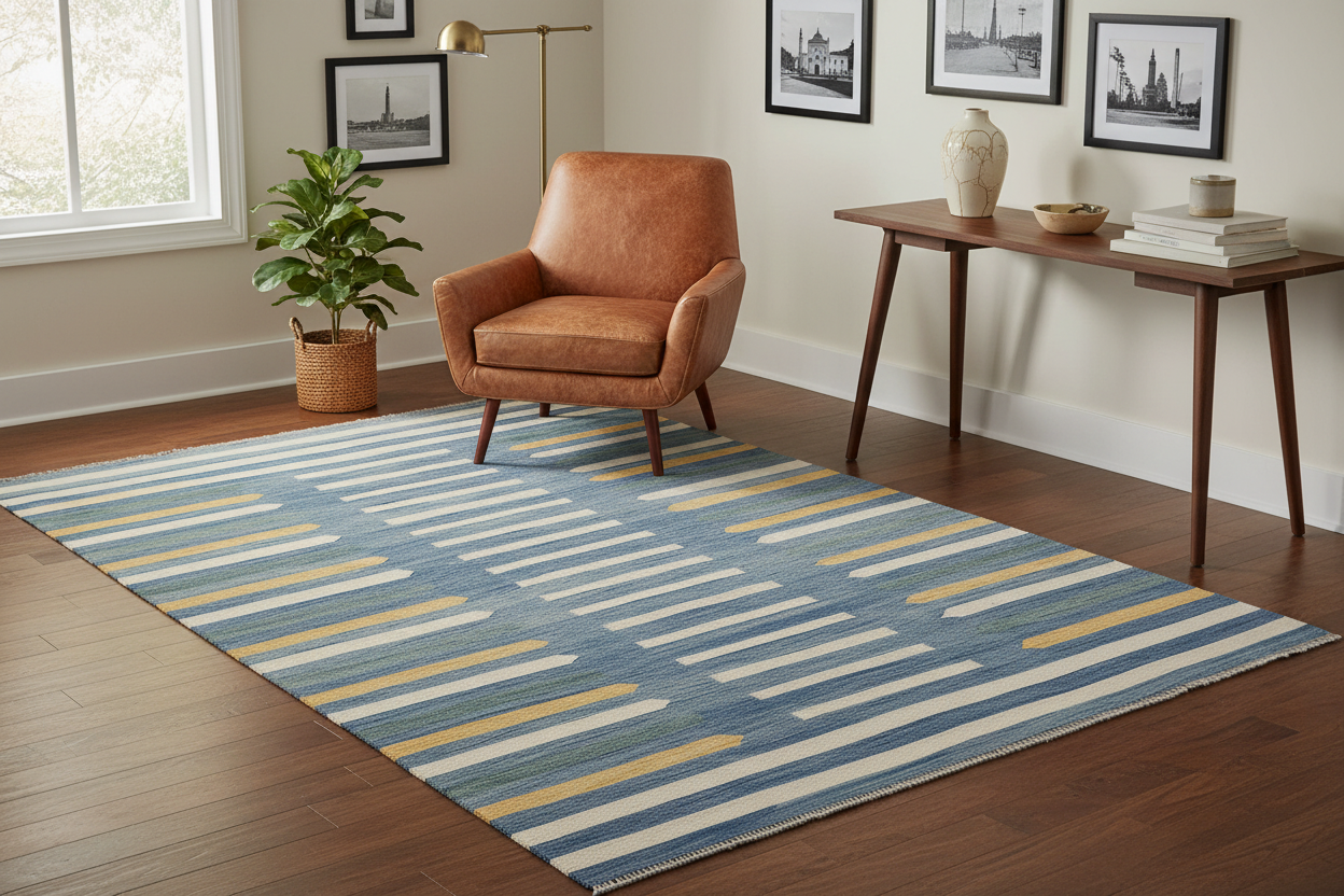 handmade Modern Kilim Blue Beige Hand-Woven RECTANGLE 100% WOOL area rug 9x12