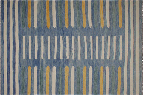 handmade Modern Kilim Blue Beige Hand-Woven RECTANGLE 100% WOOL area rug 9x12