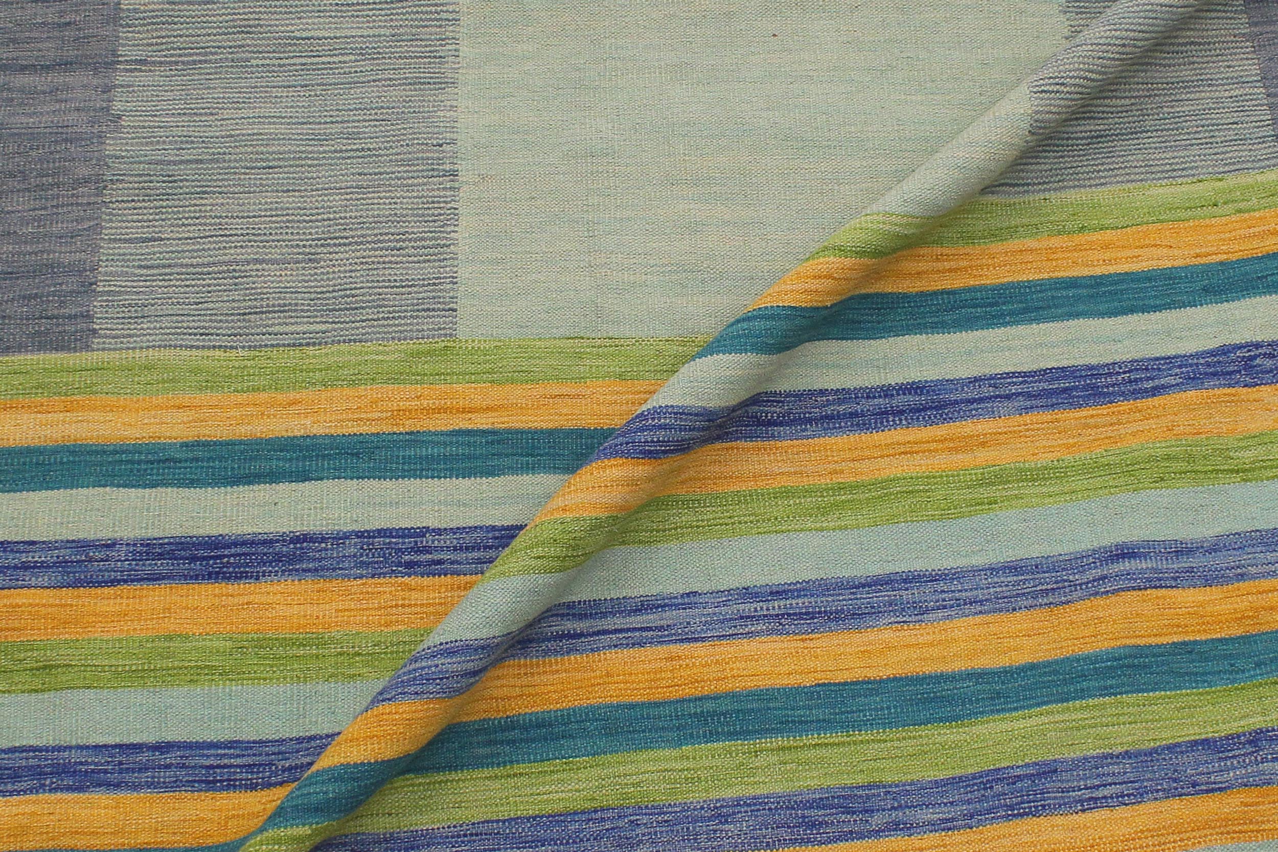 handmade Modern Kilim Blue Gold Hand-Woven RECTANGLE 100% WOOL area rug 9x11