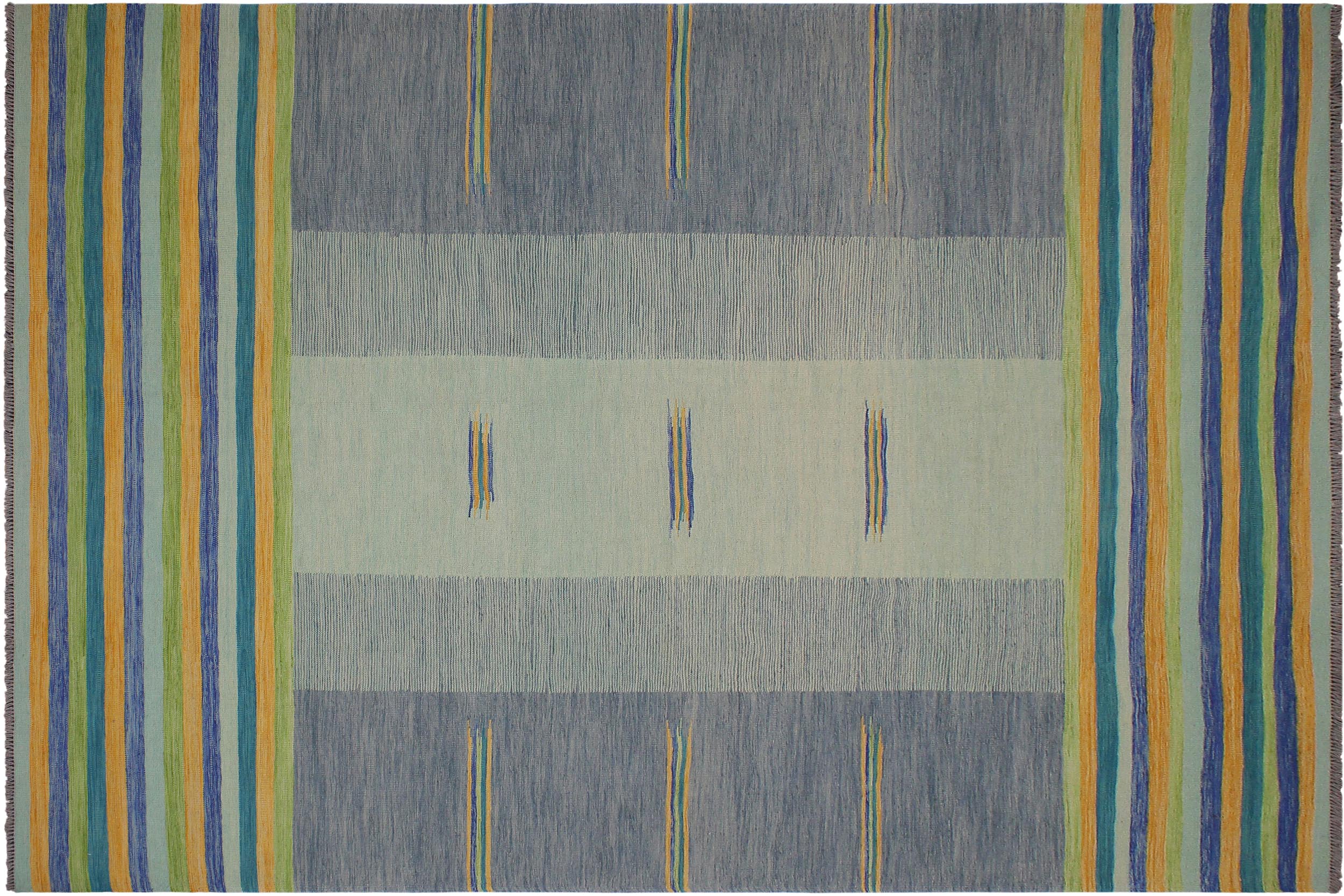 handmade Modern Kilim Blue Gold Hand-Woven RECTANGLE 100% WOOL area rug 9x11