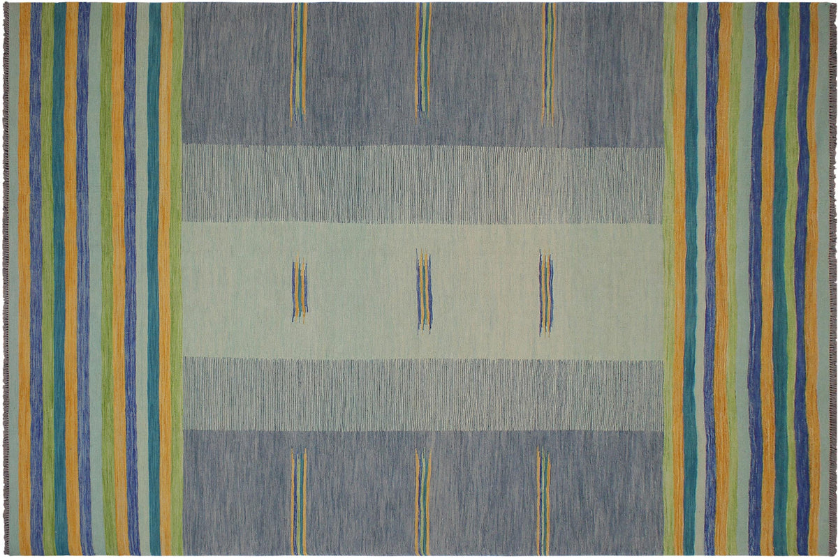 handmade Modern Kilim Blue Gold Hand-Woven RECTANGLE 100% WOOL area rug 9x11