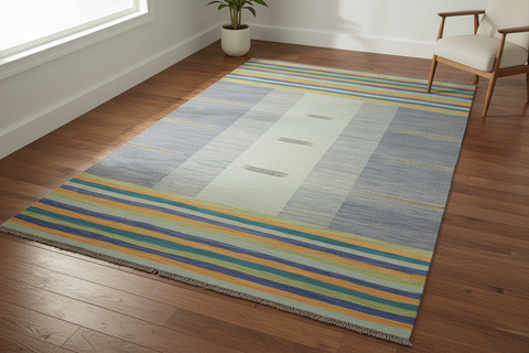 handmade Modern Kilim Blue Gold Hand-Woven RECTANGLE 100% WOOL area rug 9x11