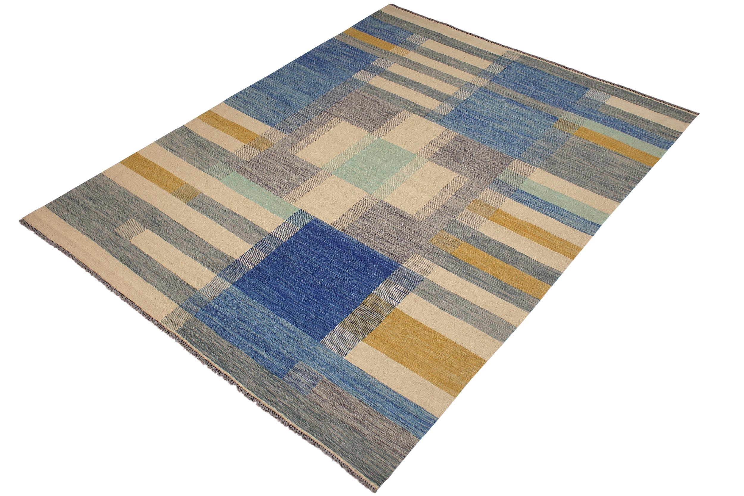 handmade Modern Kilim Beige Blue Hand-Woven RECTANGLE 100% WOOL area rug 9x10