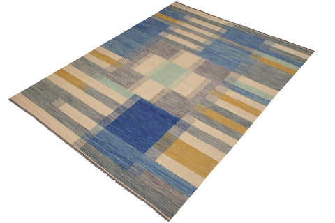 handmade Modern Kilim Beige Blue Hand-Woven RECTANGLE 100% WOOL area rug 9x10
