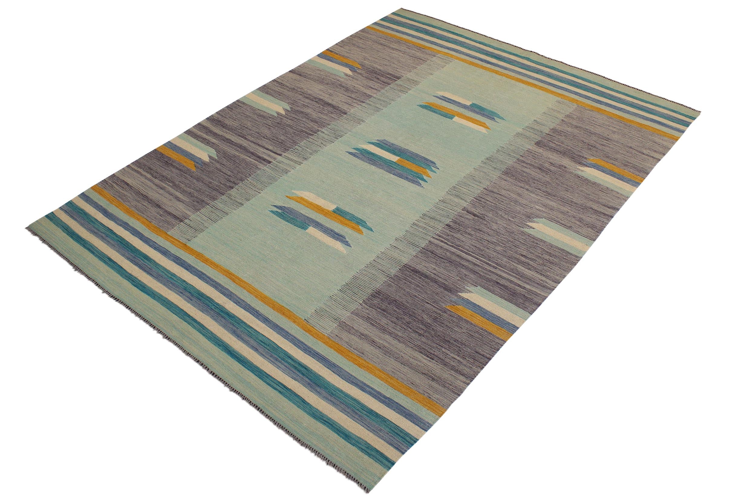 handmade Modern Kilim Blue Gold Hand-Woven RECTANGLE 100% WOOL area rug 7x10