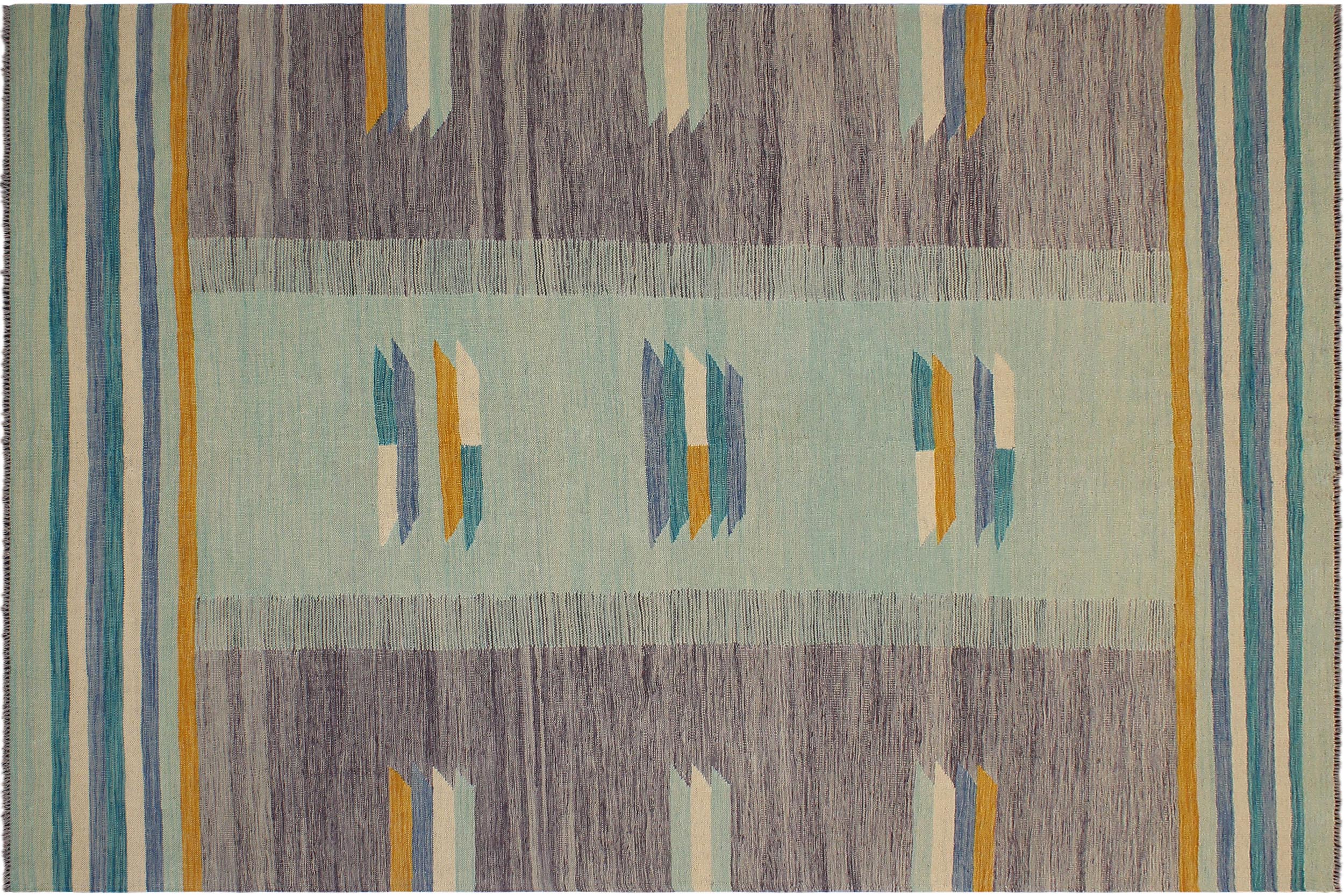 handmade Modern Kilim Blue Gold Hand-Woven RECTANGLE 100% WOOL area rug 7x10