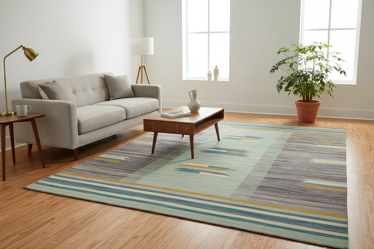 handmade Modern Kilim Blue Gold Hand-Woven RECTANGLE 100% WOOL area rug 7x10