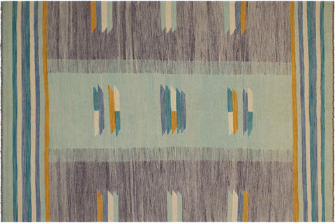 handmade Modern Kilim Blue Gold Hand-Woven RECTANGLE 100% WOOL area rug 7x10