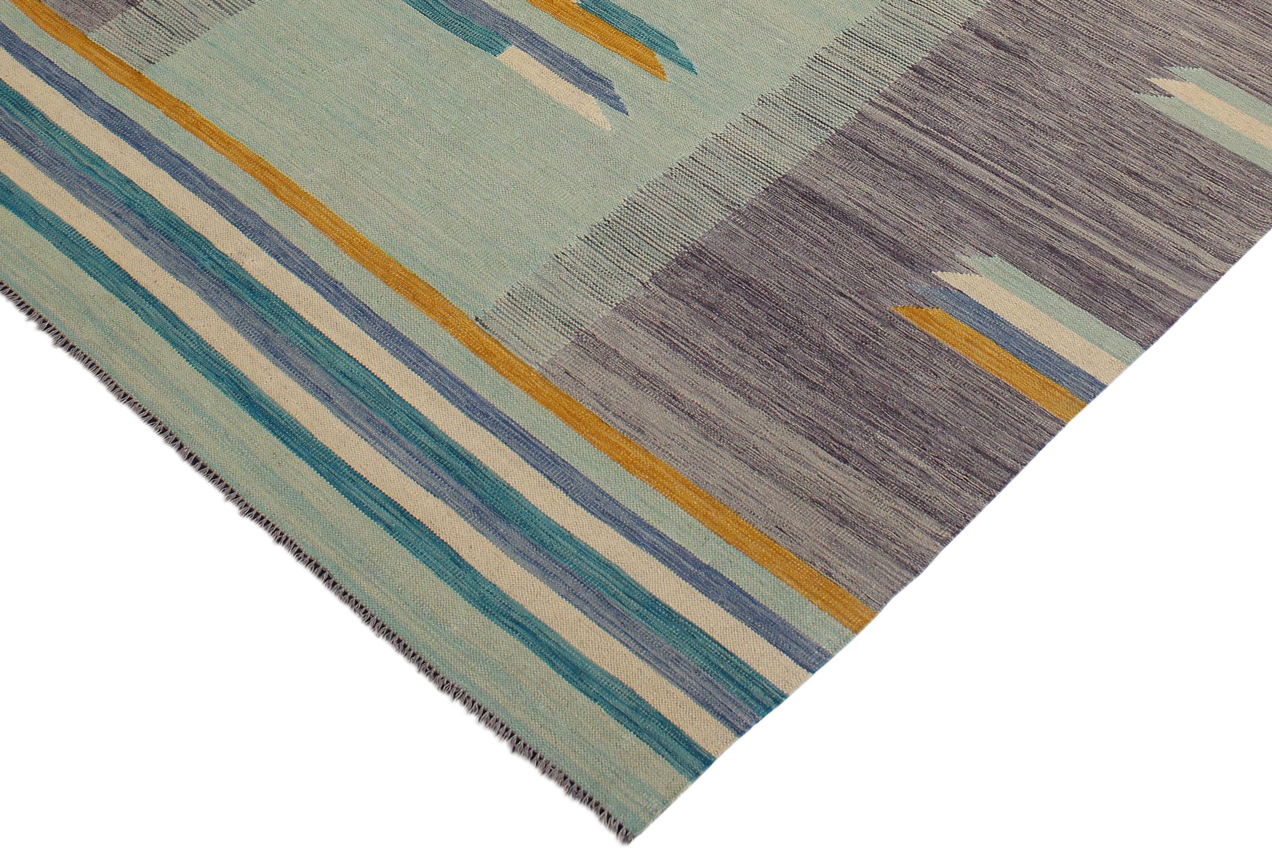 handmade Modern Kilim Blue Gold Hand-Woven RECTANGLE 100% WOOL area rug 7x10