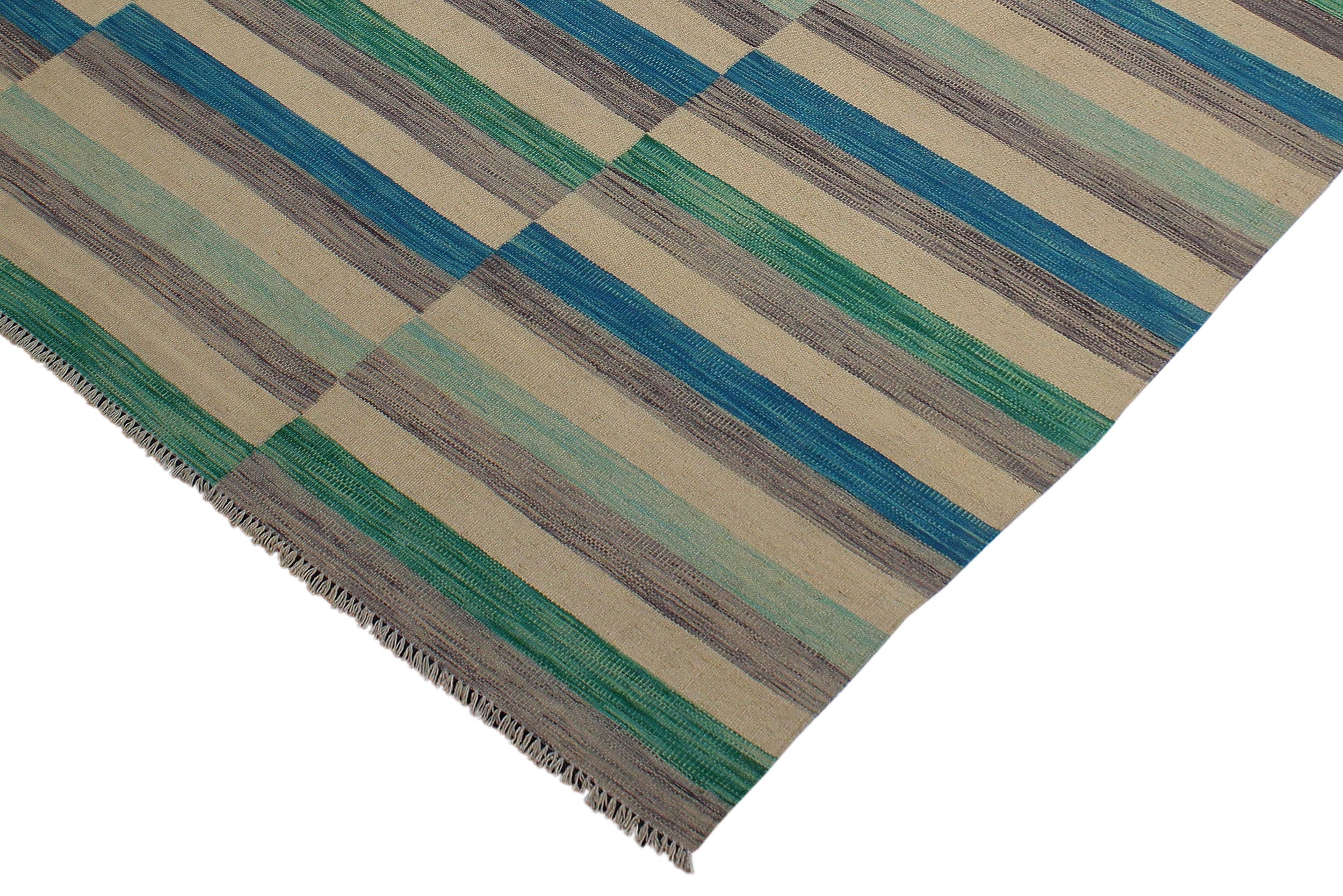 handmade Modern Kilim Blue Beige Hand-Woven RECTANGLE 100% WOOL area rug 6x10