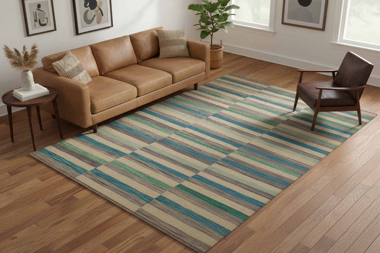 handmade Modern Kilim Blue Beige Hand-Woven RECTANGLE 100% WOOL area rug 6x10