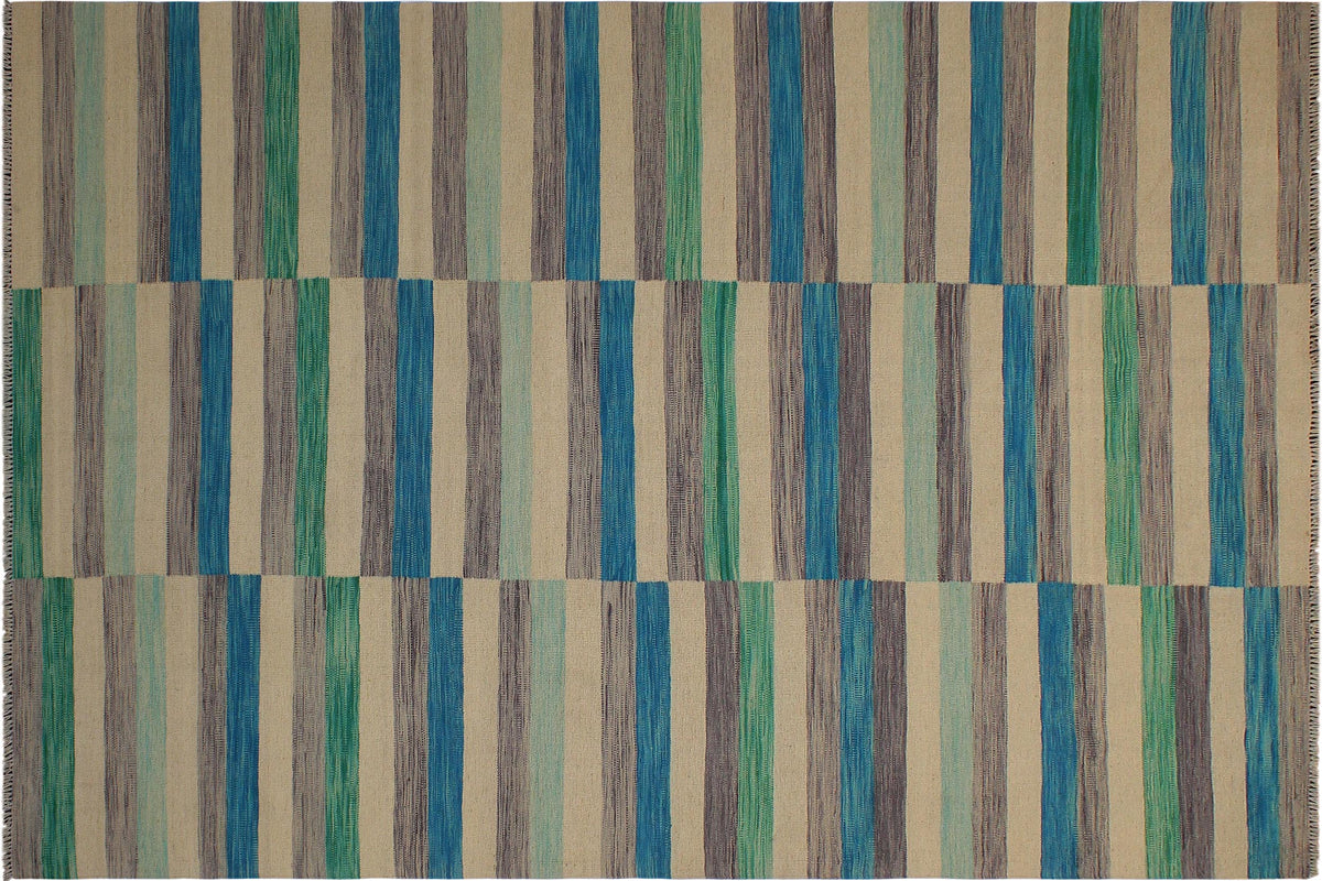 handmade Modern Kilim Blue Beige Hand-Woven RECTANGLE 100% WOOL area rug 6x10