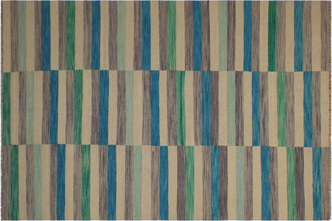 handmade Modern Kilim Blue Beige Hand-Woven RECTANGLE 100% WOOL area rug 6x10