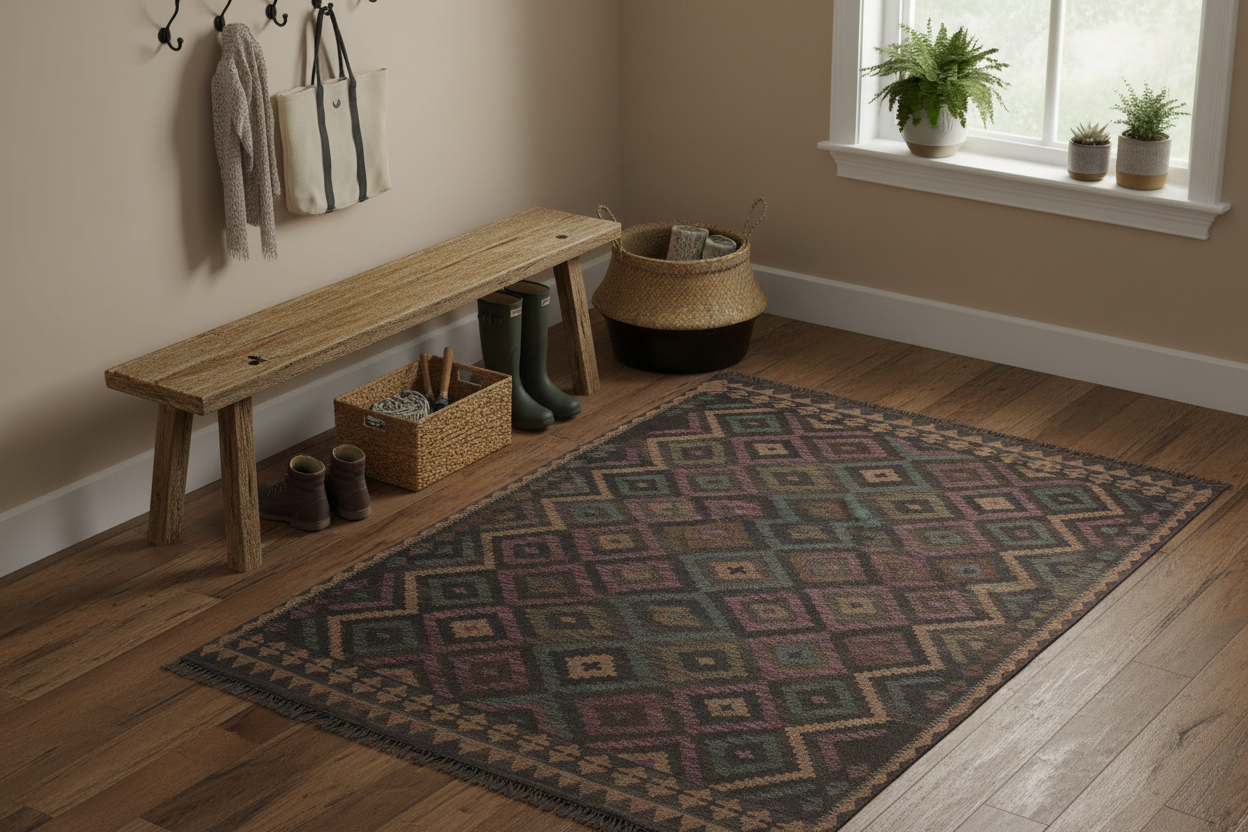 handmade Modern Kilim Black Brown Hand-Woven RECTANGLE 100% WOOL area rug 5x6