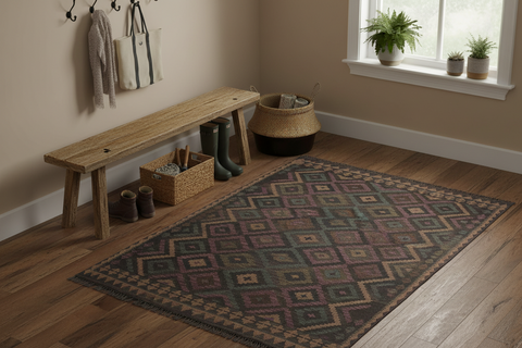 handmade Modern Kilim Black Brown Hand-Woven RECTANGLE 100% WOOL area rug 5x6