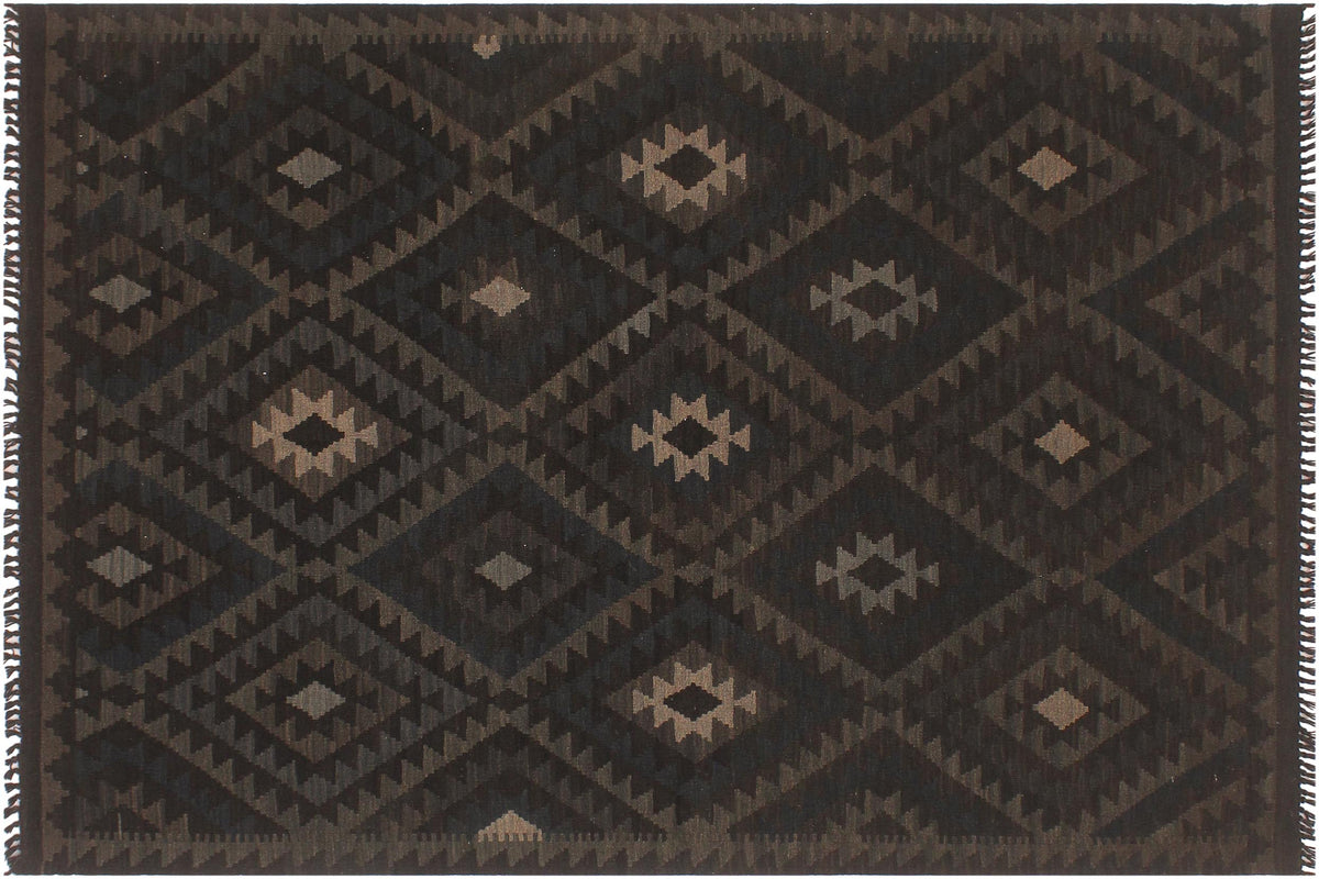 handmade Modern Kilim Black Blue Hand-Woven RECTANGLE 100% WOOL area rug 5x6