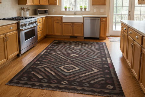 handmade Modern Kilim Black Blue Hand-Woven RECTANGLE 100% WOOL area rug 6 x 8