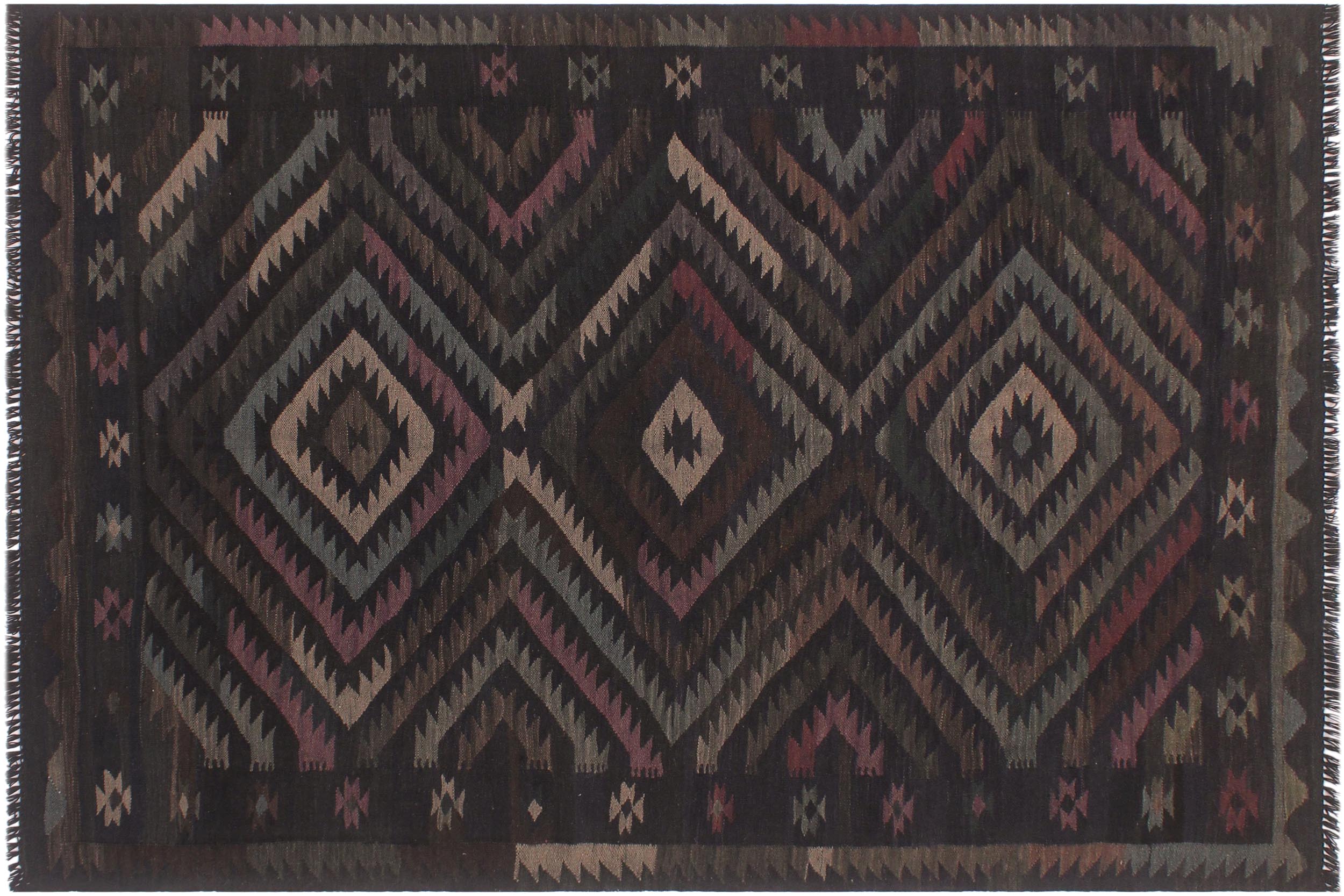 handmade Modern Kilim Black Blue Hand-Woven RECTANGLE 100% WOOL area rug 6 x 8