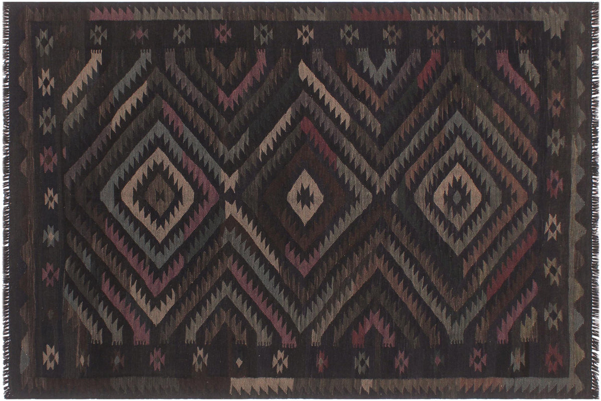 handmade Modern Kilim Black Blue Hand-Woven RECTANGLE 100% WOOL area rug 6 x 8