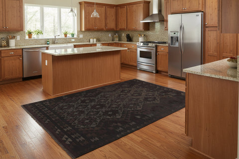 handmade Modern Kilim Black Gray Hand-Woven RECTANGLE 100% WOOL area rug 5 x 8