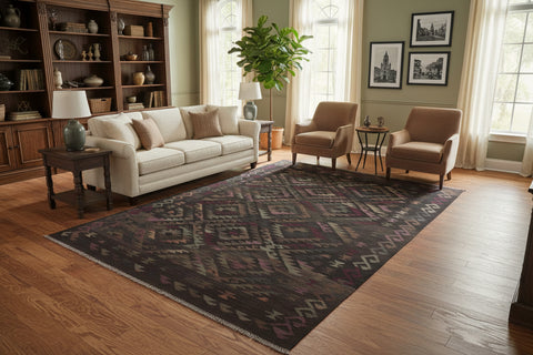 handmade Modern Kilim Black Brown Hand-Woven RECTANGLE 100% WOOL area rug 6 x 8