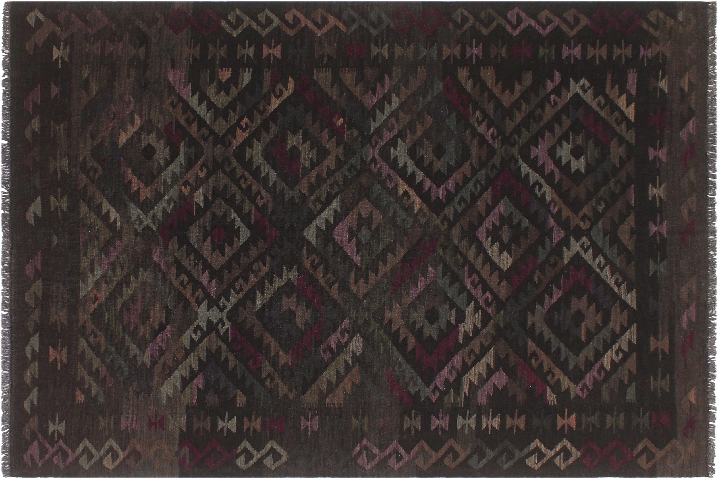 handmade Modern Kilim Black Brown Hand-Woven RECTANGLE 100% WOOL area rug 6 x 8