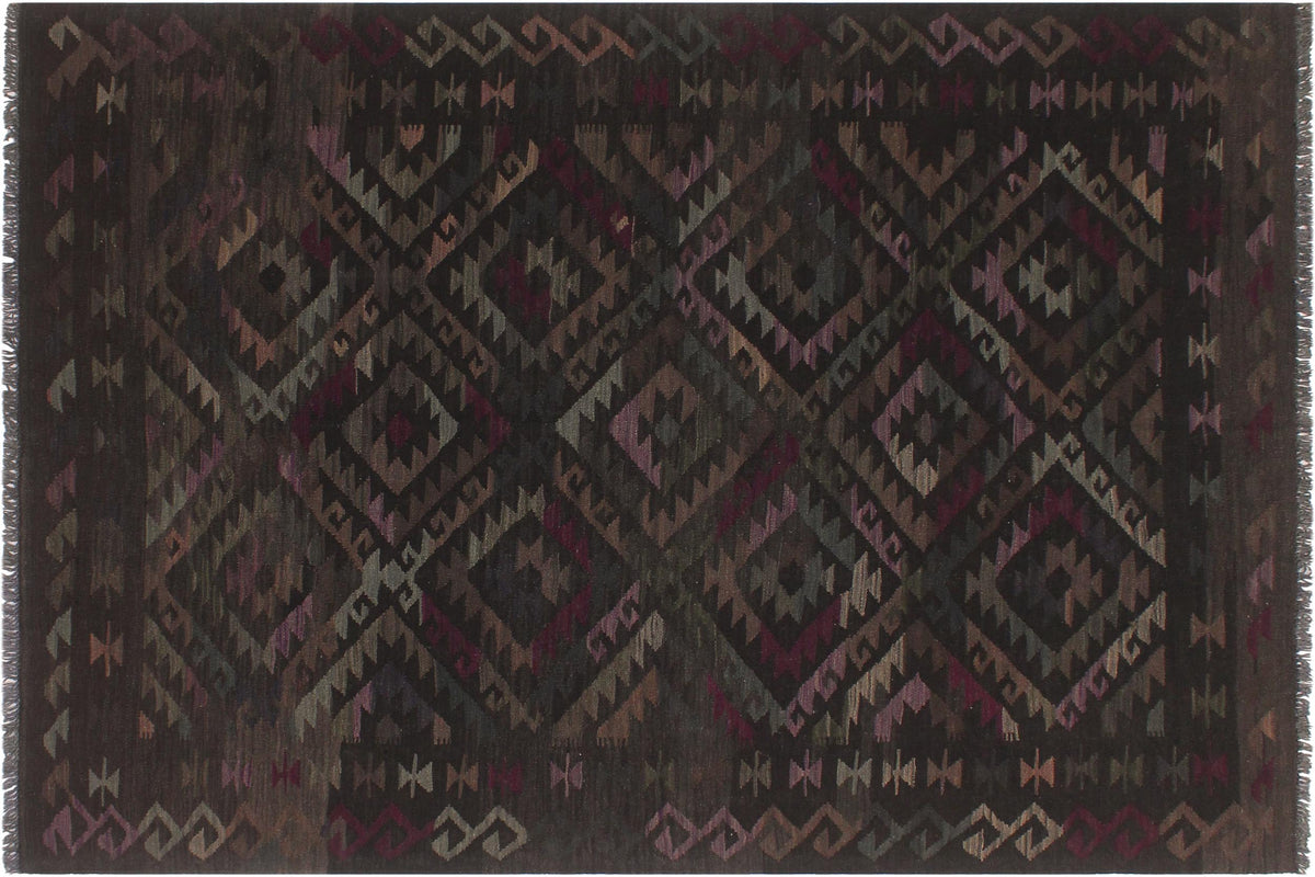 handmade Modern Kilim Black Brown Hand-Woven RECTANGLE 100% WOOL area rug 6 x 8
