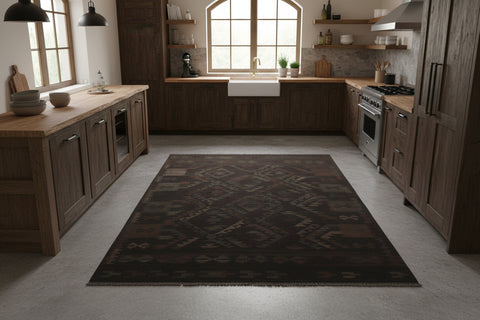 handmade Modern Kilim Black Blue Hand-Woven RECTANGLE 100% WOOL area rug 5 x 8